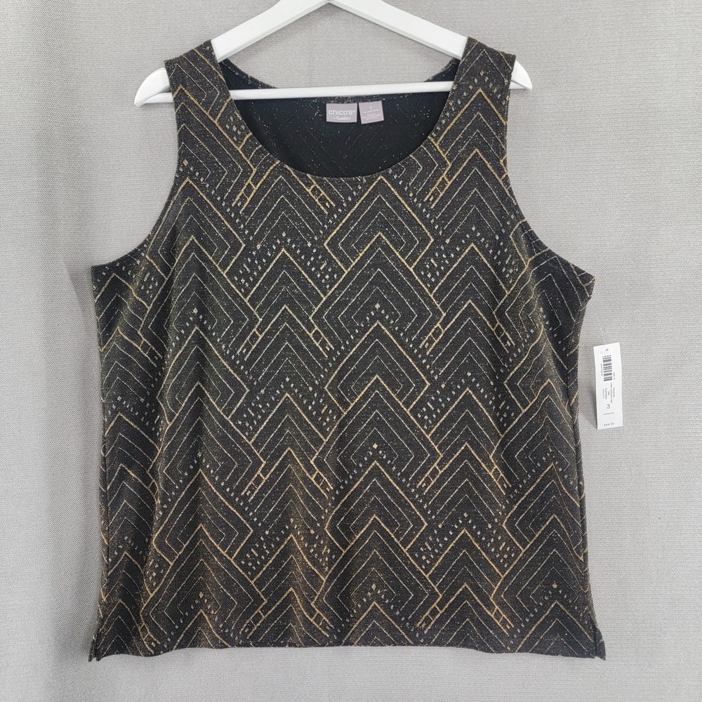 Chicos Top Travelers Old Money Tank NEW Womens 3 / XL Black Gold Geometric